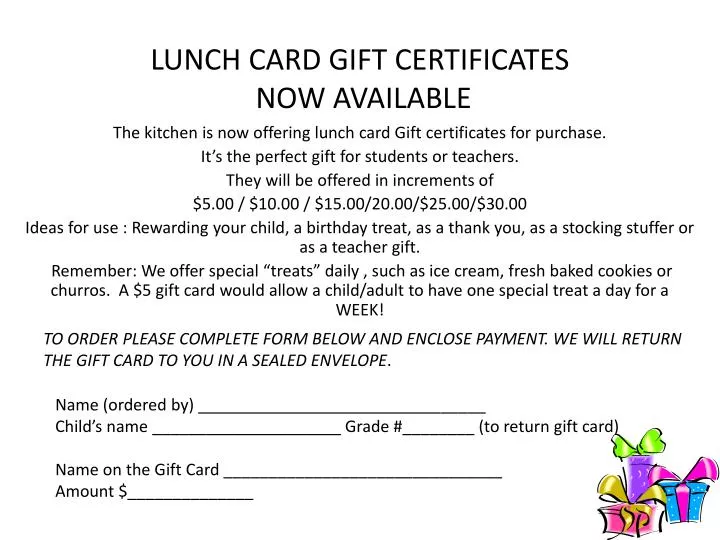 lunch card gift certificates now available