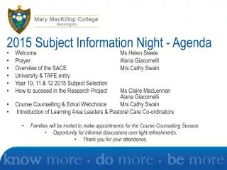 2015 Subject Information Night - Agenda