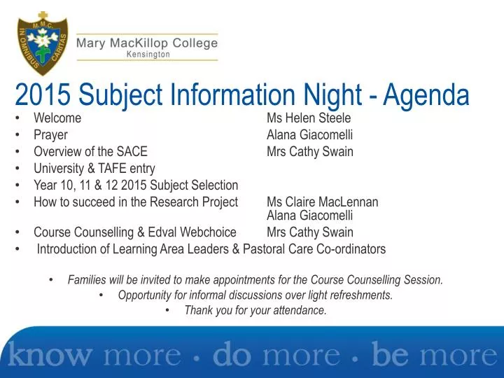 2015 subject information night agenda