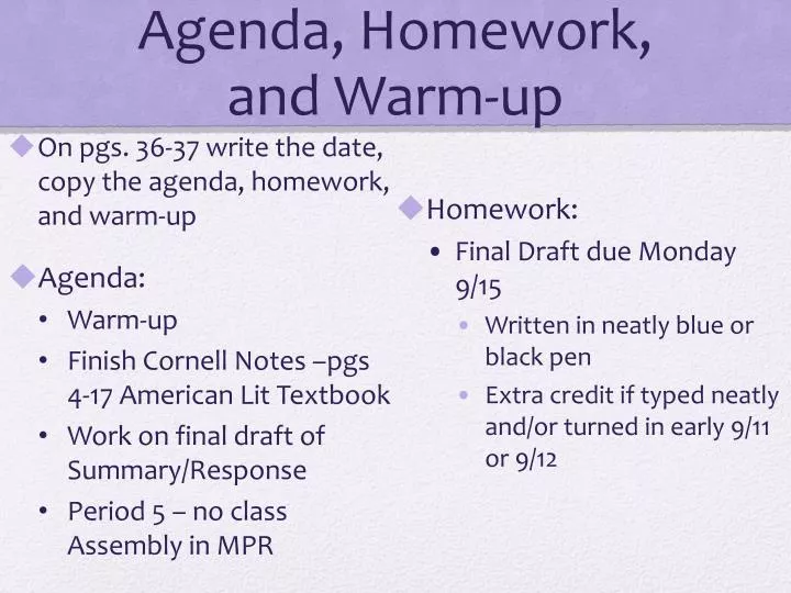 agenda homework and warm up
