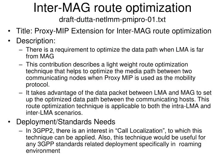 inter mag route optimization draft dutta netlmm pmipro 01 txt