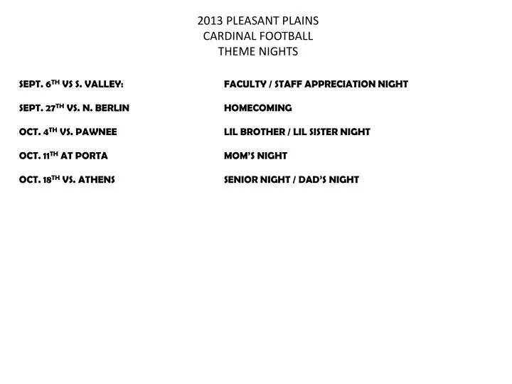 2013 pleasant plains cardinal football theme nights