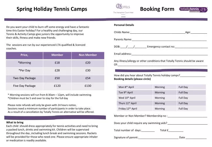 spring holiday tennis camps booking form
