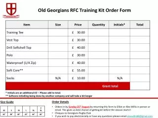 Old Georgians RFC Training Kit Order Form