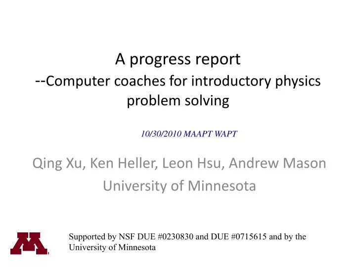 a progress report computer coaches for introductory physics problem solving