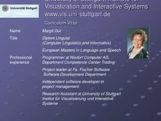 Name		 Margit Gut Title	 	Diplom Linguist 		(Computer Linguistics and Informatics)