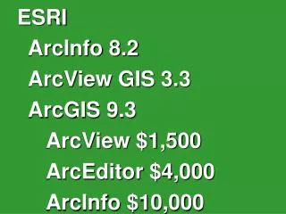 ESRI 	ArcInfo 8.2 	ArcView GIS 3.3 	ArcGIS 9.3 		ArcView $1,500 		ArcEditor $4,000