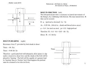 BOLT IN BEARING (right) Resistance force T provided by bolt shank in shear: Tmax ~ Ab Ssy