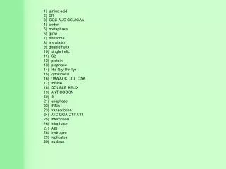 1) amino acid 2) G1 3) CGC AUC CCU CAA 4) codon 5) metaphase 6) grow 7) ribosome