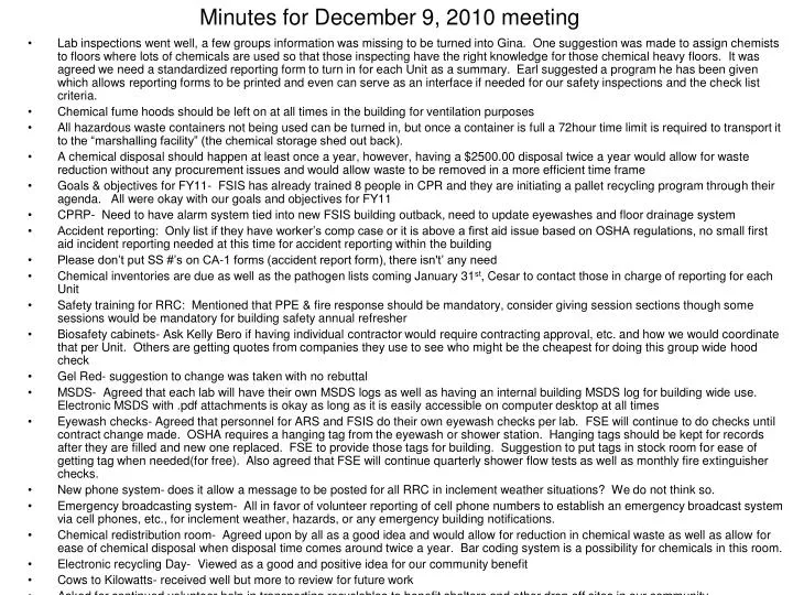minutes for december 9 2010 meeting