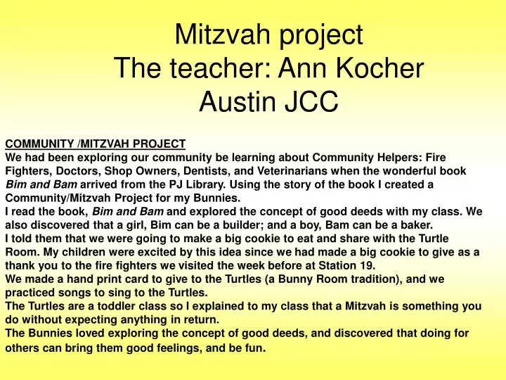 mitzvah project the teacher ann kocher austin jcc