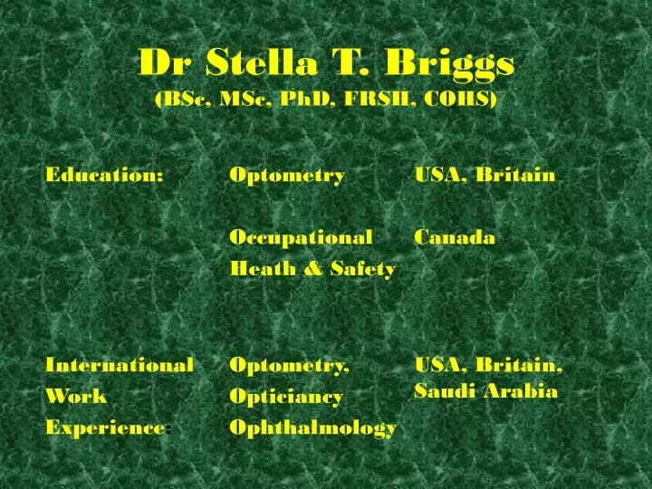 dr stella t briggs bsc msc phd frsh cohs