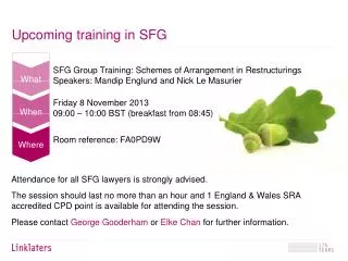 Upcoming training in SFG