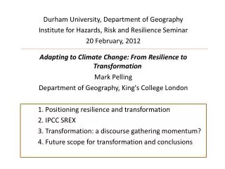 Durham University, Department of Geography Institute for Hazards, Risk and Resilience Seminar