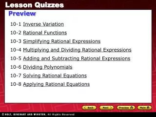 10-1 Inverse Variation 10-2 Rational Functions 10-3 Simplifying Rational Expressions