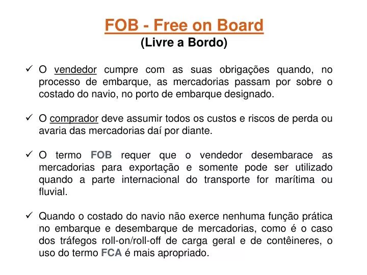 fob free on board livre a bordo
