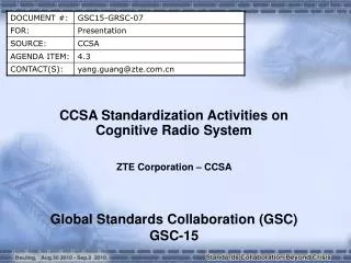 CCSA Standardization Activities on Cognitive Radio System