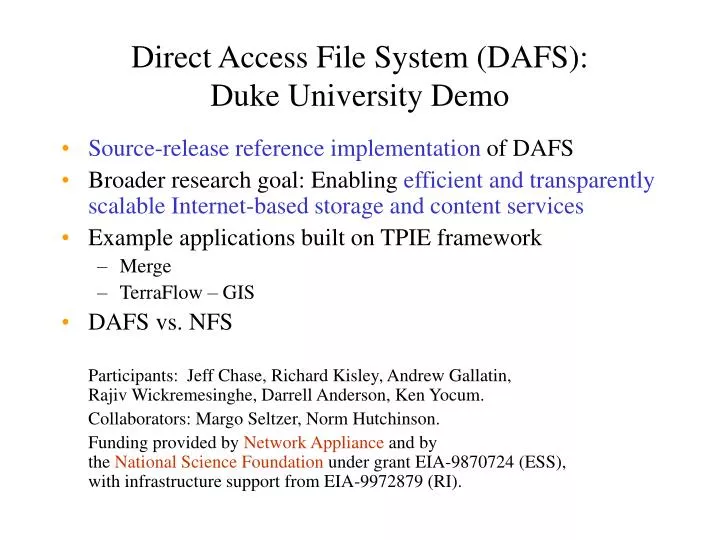 direct access file system dafs duke university demo