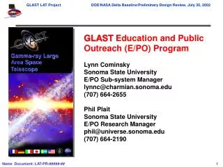 GLAST Education and Public Outreach (E/PO) Program Lynn Cominsky Sonoma State University