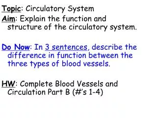 Topic : Circulatory System Aim : Explain the function and structure of the circulatory system.