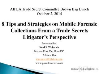 AIPLA Trade Secret Committee Brown Bag Lunch October 2, 2014