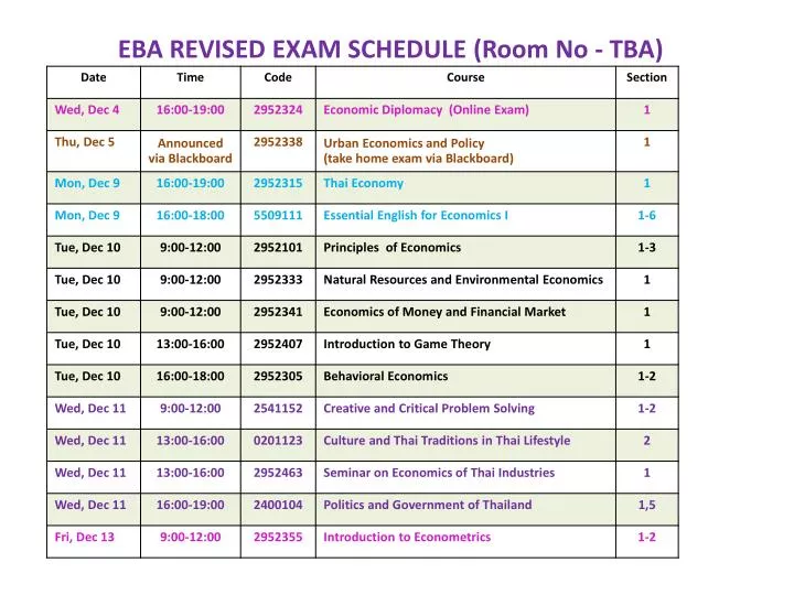 eba revised exam schedule room no tba