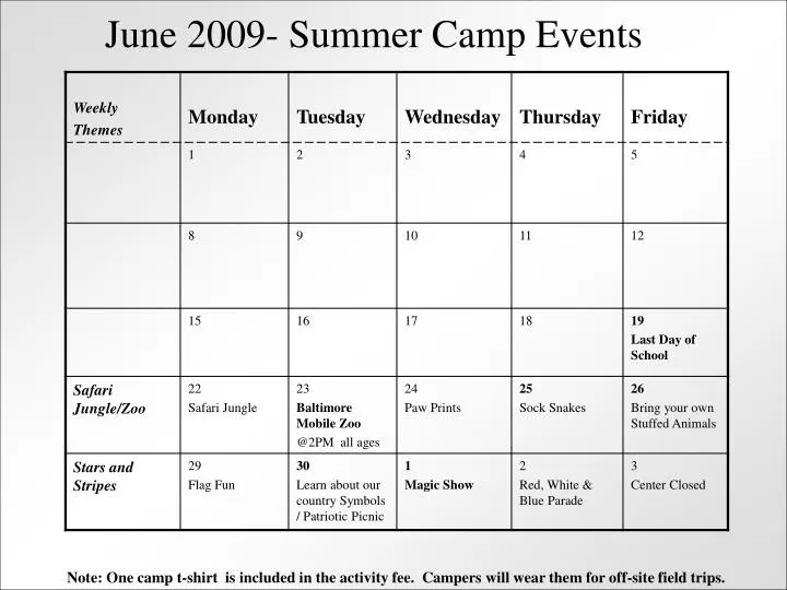 june 2009 summer camp events