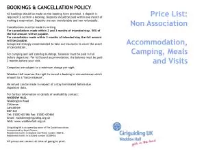 Price List: Non Association Accommodation, Camping, Meals and Visits