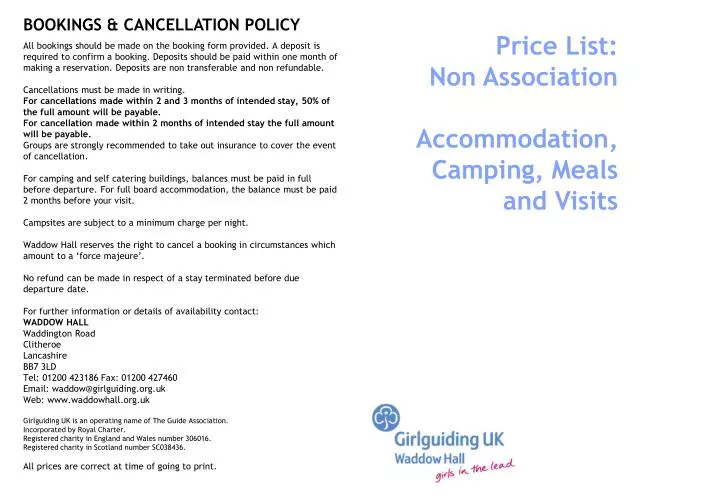 price list non association accommodation camping meals and visits