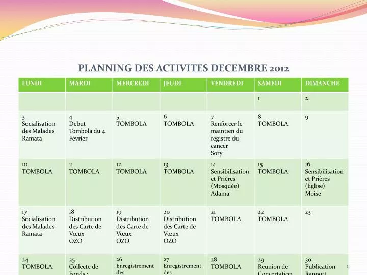 planning des activites decembre 2012