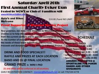 Saturday April 20th First Annual Charity Poker Run Hosted by WOW Car Club of Hamilton Mill