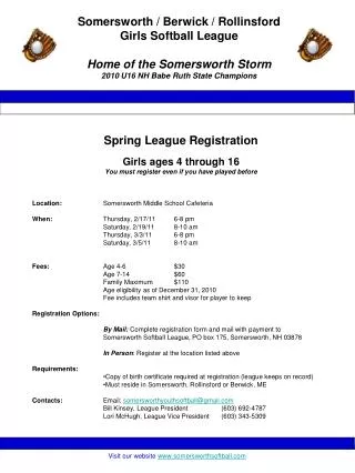 Spring League Registration Girls ages 4 through 16