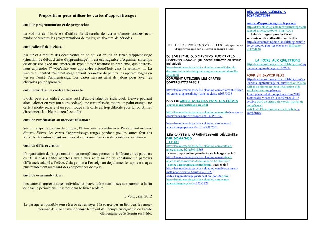 Propositions pour utiliser les cartes d'apprentissage : outil de programmation et de progression - slide 1