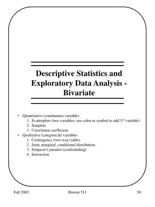 Descriptive Statistics and Exploratory Data Analysis - Bivariate