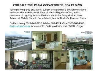 FOR SALE 2BR, P8.9M : OCEAN TOWER , ROXAS BLVD.