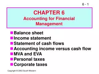 Balance sheet Income statement Statement of cash flows Accounting income versus cash flow