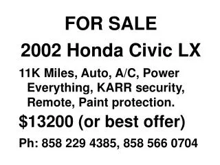 FOR SALE 2002 Honda Civic LX
