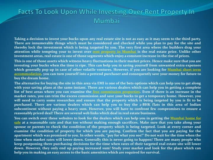 facts to look upon while investing over rent property in mumbai