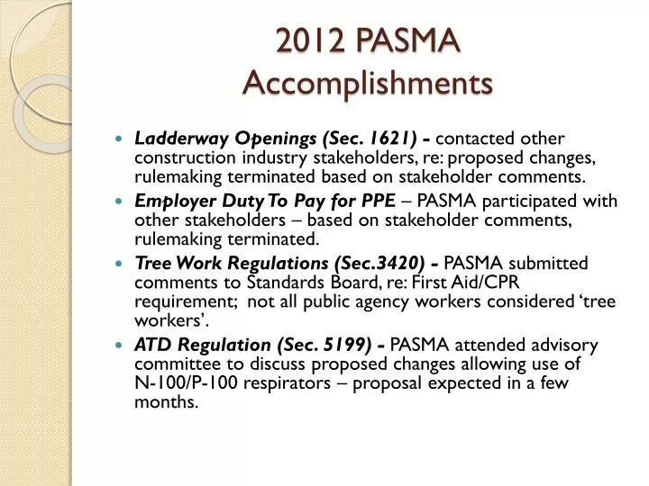 2012 pasma accomplishments