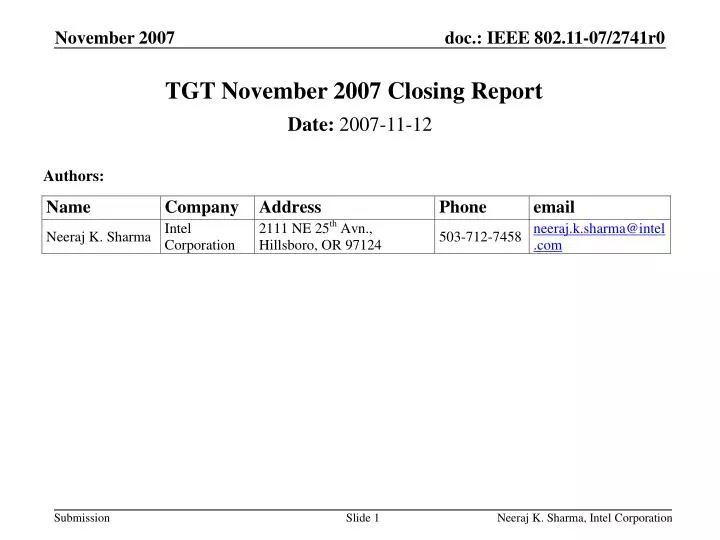 tgt november 2007 closing report