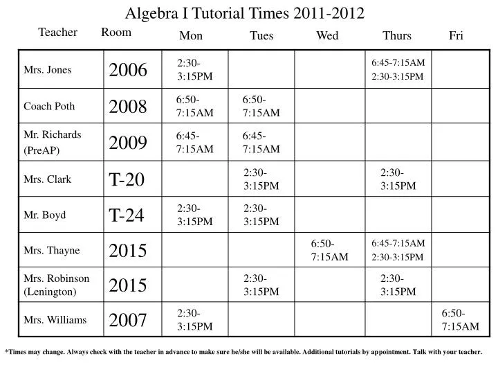 algebra i tutorial times 2011 2012