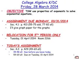 College Algebra K /DC Friday, 28 March 2014