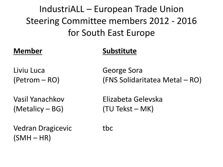 industriall european trade union steering committee members 2012 2016 for south east europe