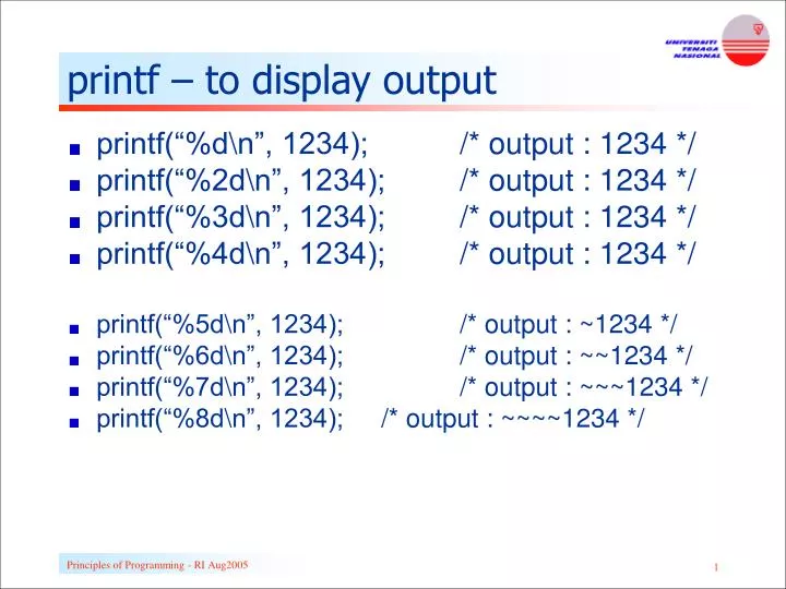 printf to display output