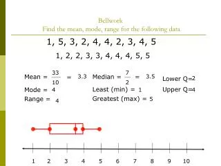 Bellwork Find the mean, mode, range for the following data