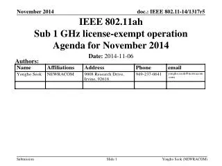 IEEE 802.11ah Sub 1 GHz license-exempt operation Agenda for November 2014