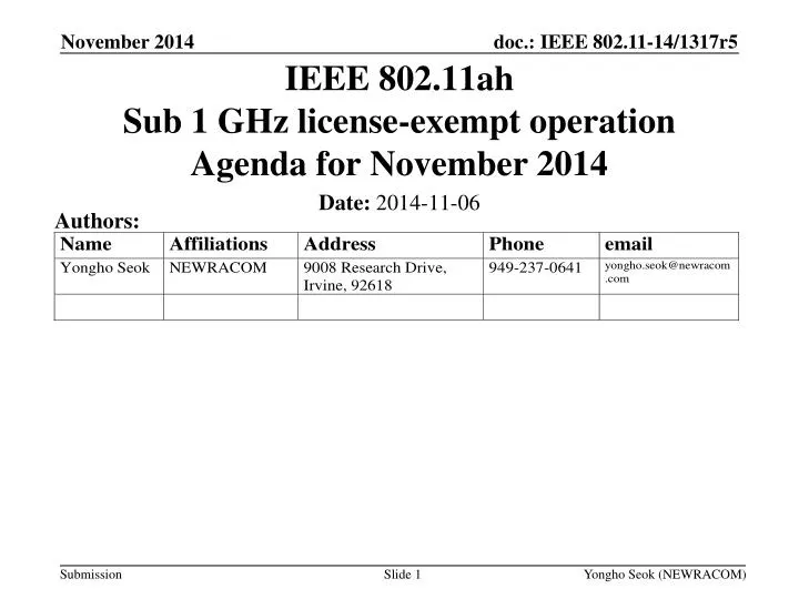 ieee 802 11ah sub 1 ghz license exempt operation agenda for november 2014