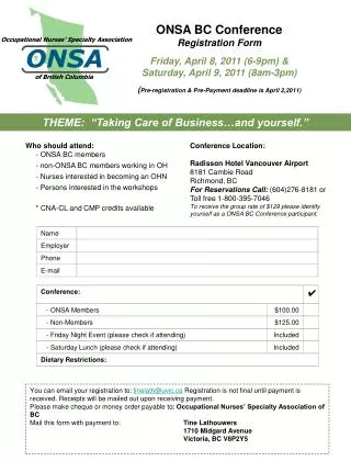 ONSA BC Conference Registration Form Friday, April 8, 2011 (6-9pm) &amp;