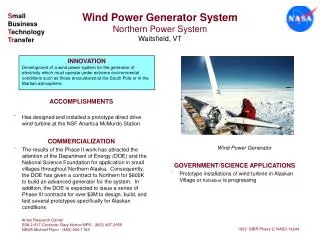 Wind Power Generator System Northern Power System Waitsfield, VT