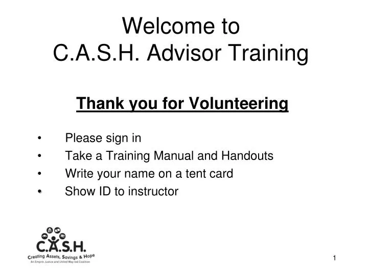 welcome to c a s h advisor training